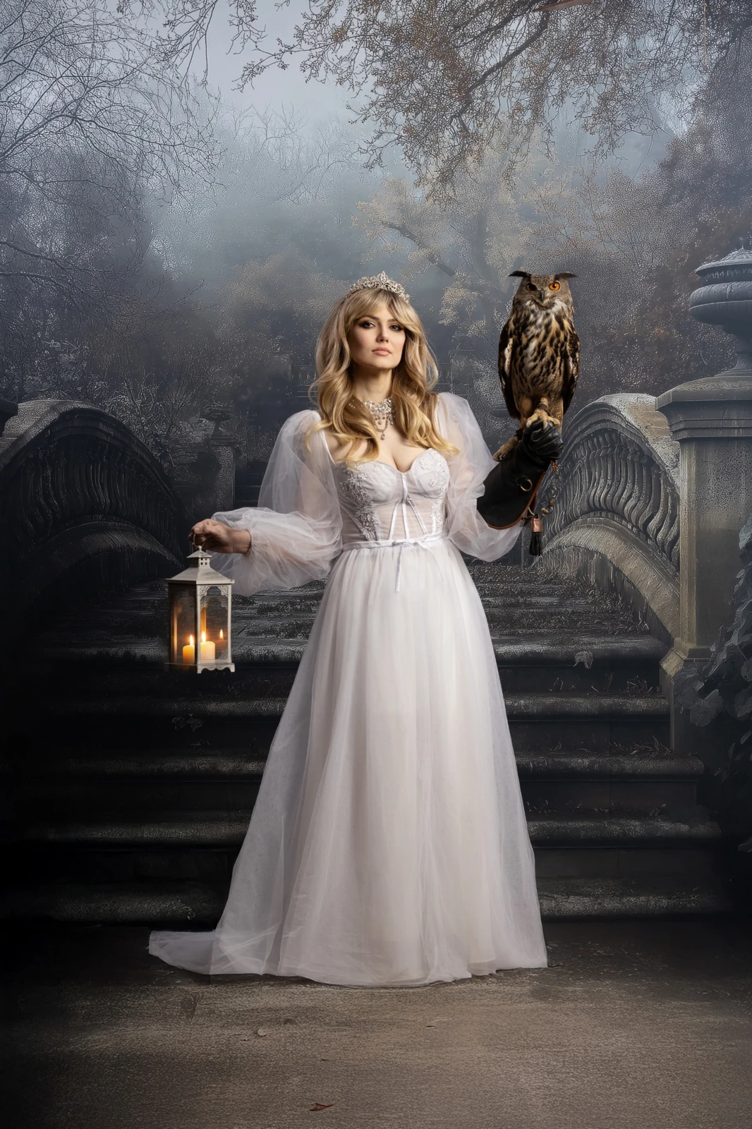 Woman holding an owl and lantern on the steps of the Victorian Arch Bridge backdrop