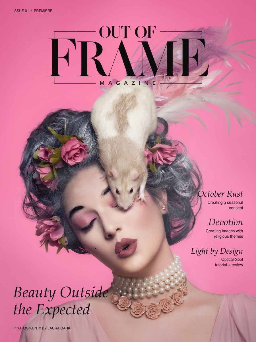 Out of Frame Magazine Issue 01 cover: beauty portrait with pink flowers and an opossum