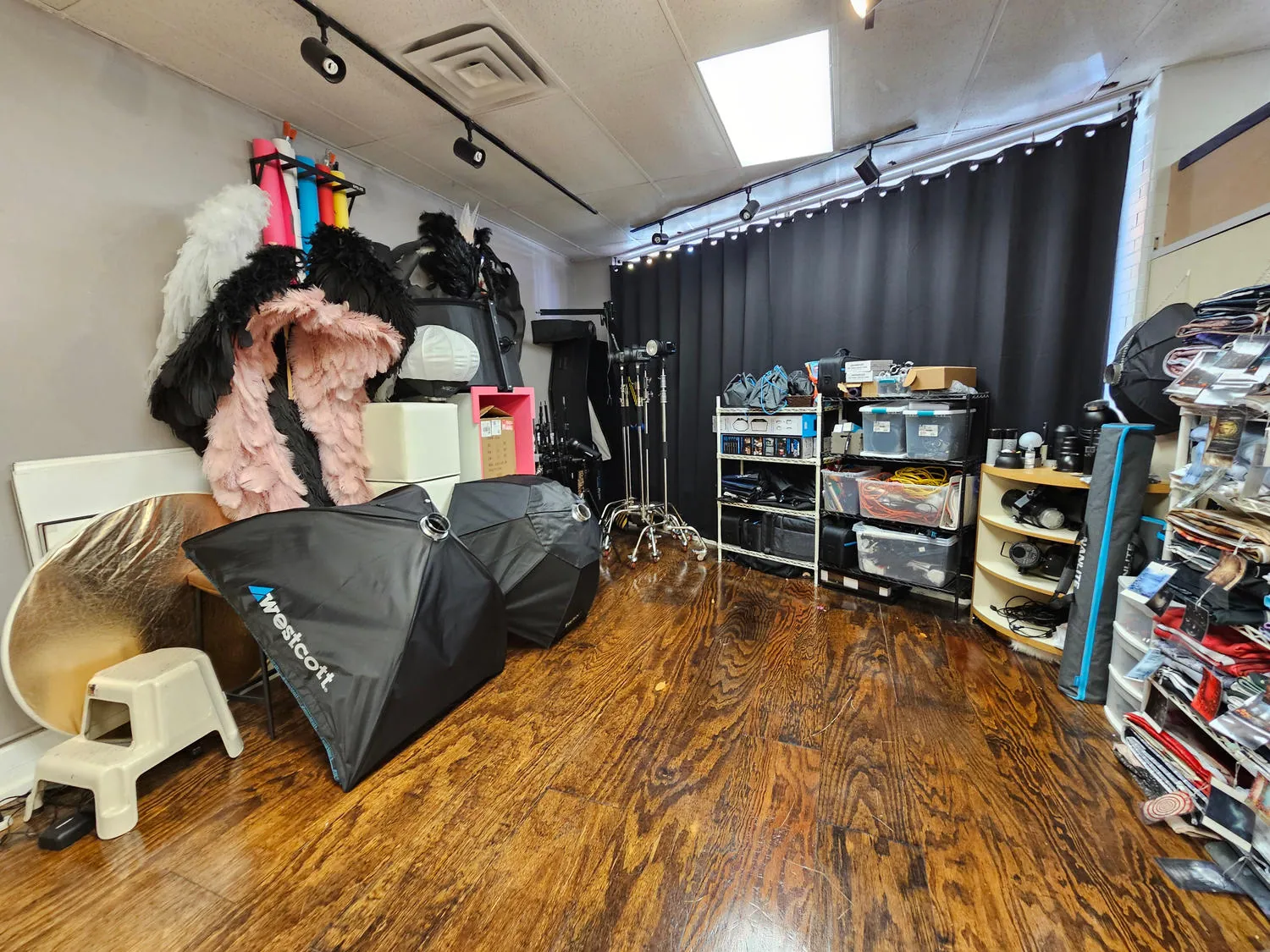 Lighting modifiers, stands, scenic accessories and backdrop shelves in equipment storage