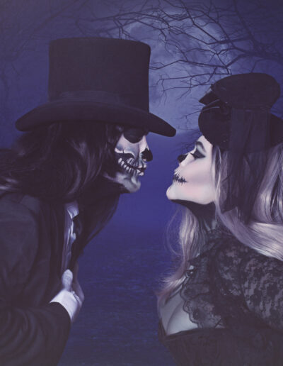 Gothic couple in tall black hats facing one another within a blue moonlit scene.