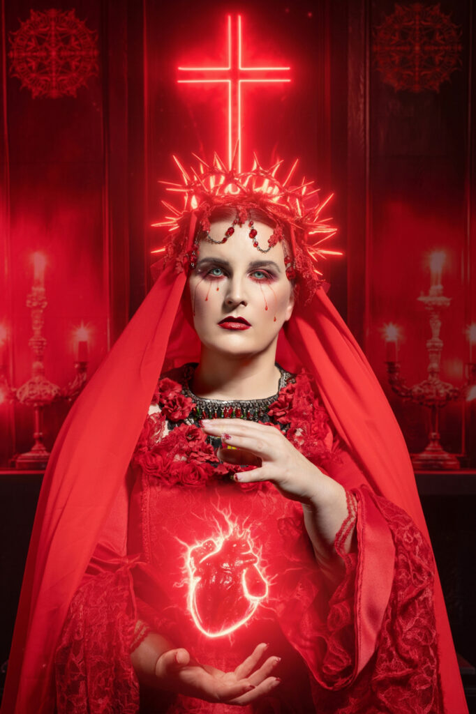Dramatic red religious fantasy portrait illuminated by a glowing neon cross
