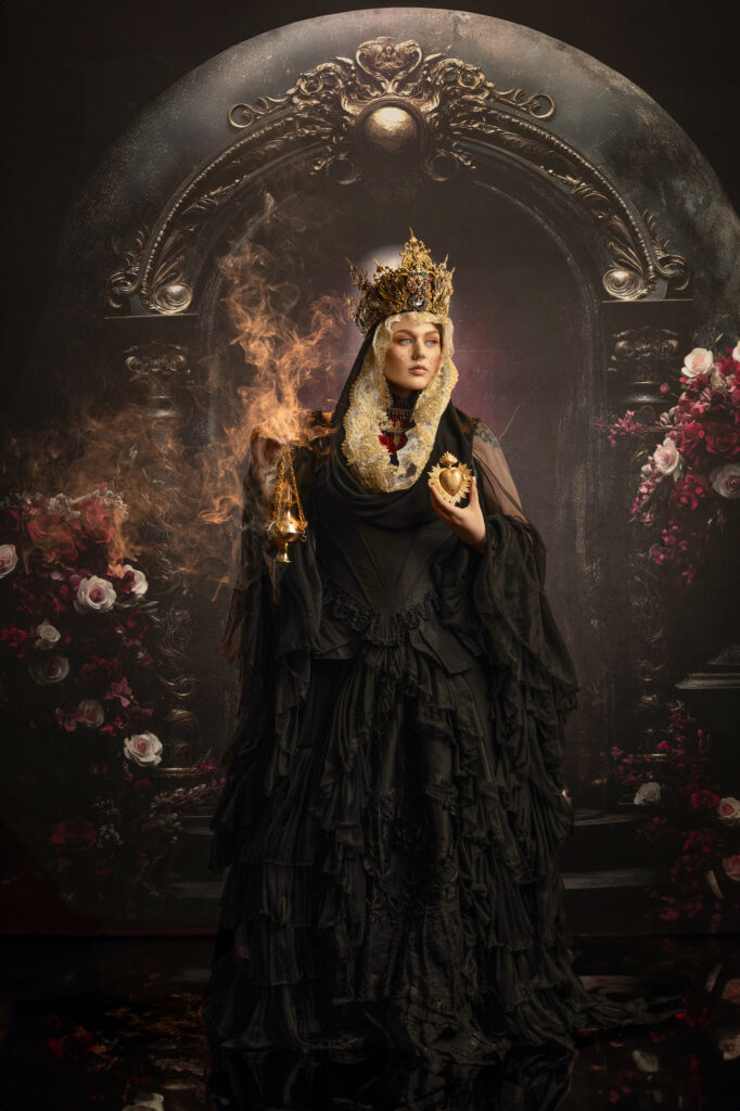 Dark mystical portrait of a witch surrounded by an enchanted forest