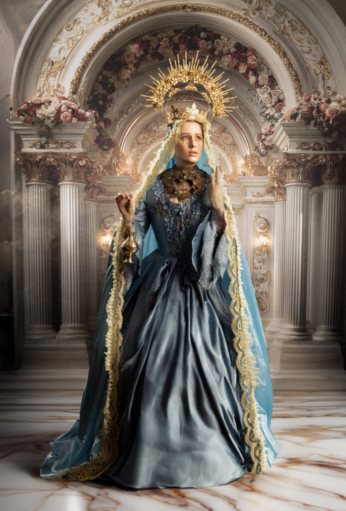 Regal fantasy woman in a blue gown beneath an ornate cathedral arch