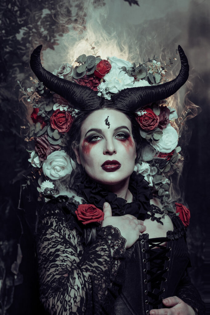 Horned gothic flower queen in black, white and deep red