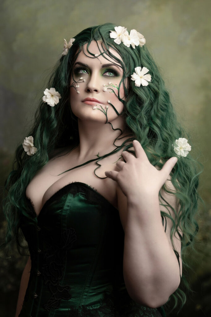 Green Goddess with vines and flowers in her hair