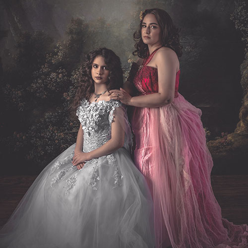 Classic for Two – 1 look each, 1 makeup, 1 hair, 1 wardrobe/set per person, 12 images.