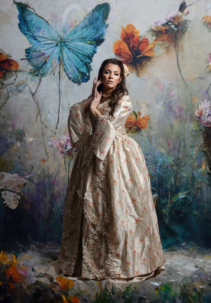 Woman in a cream floral period gown posing within a painterly butterfly garden.