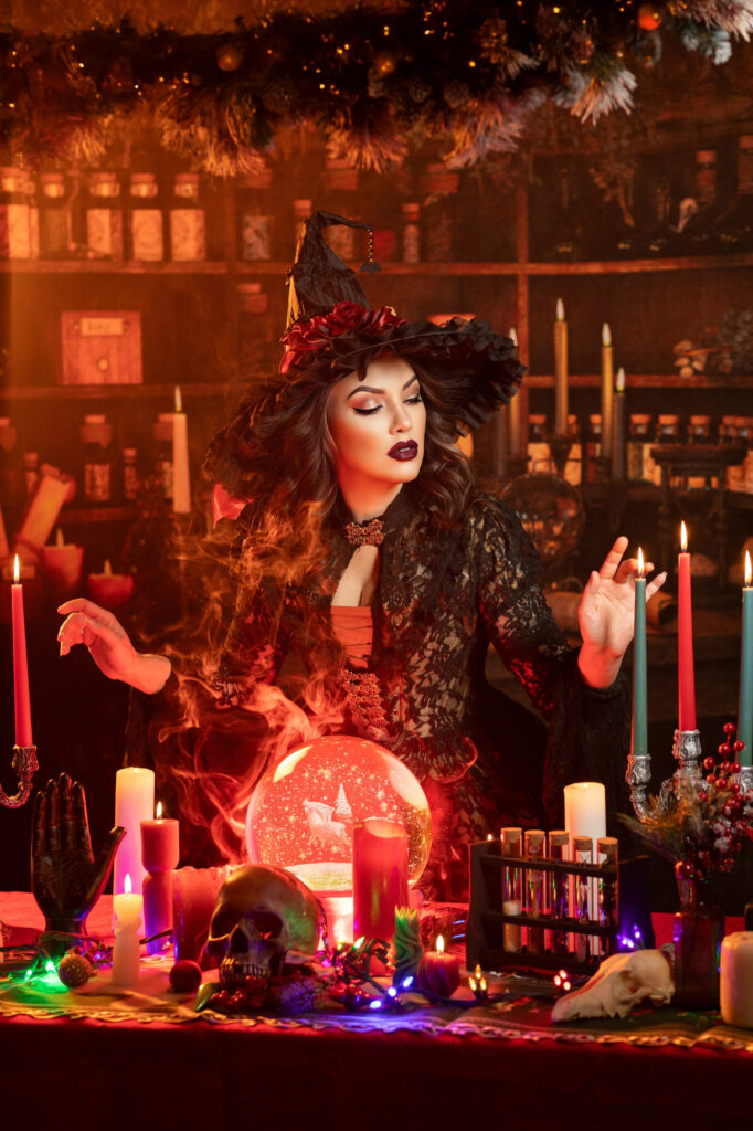 Red-haired witch performing a candlelit ritual in a dark apothecary