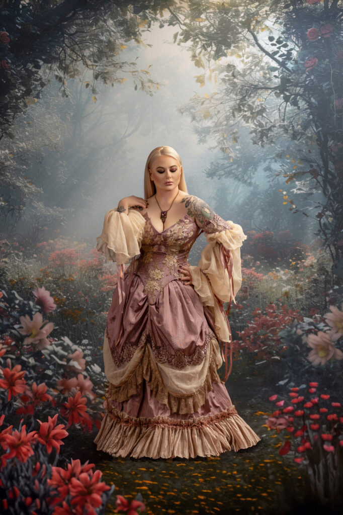 Blonde woman in a rose-colored Victorian gown surrounded by an autumn garden.