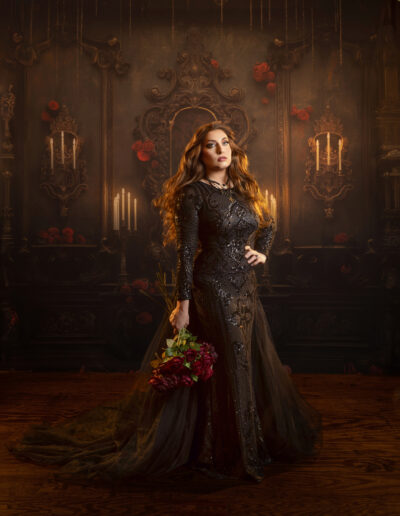 Victorian Gothic Entrance — Gothic woman in a black gown inside a grand Victorian entrance